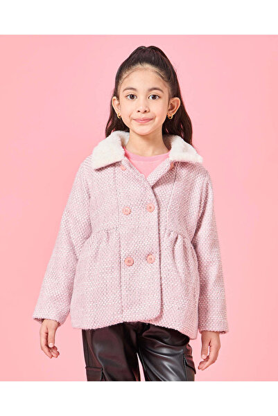 REDTAG Girls Pink Checkered Coat With Fur Collar