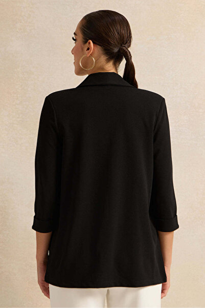 REDTAG Women Black Rolled Sleeve Round Blazer