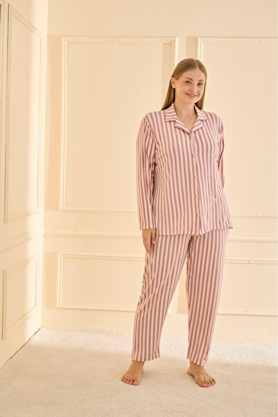 Elit Women's Plus Size Long Sleeve Front Buttoned Milan Fabric Pajama Set