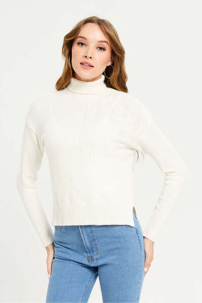 REDTAG Women Beige High Neck With Side Slit Pullover