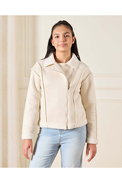 REDTAG Senior Girls Beige Suede Biker Jacket With Sherpa Lining
