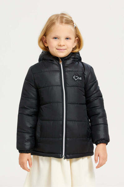 REDTAG Girls Black Puffer Hooded Jacket