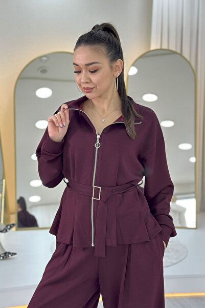 the ZKS Women's Zippered Belt Detail Wide Leg Modal Two-Piece Set Black, Navy Blue, Brown, Burgundy, Gray