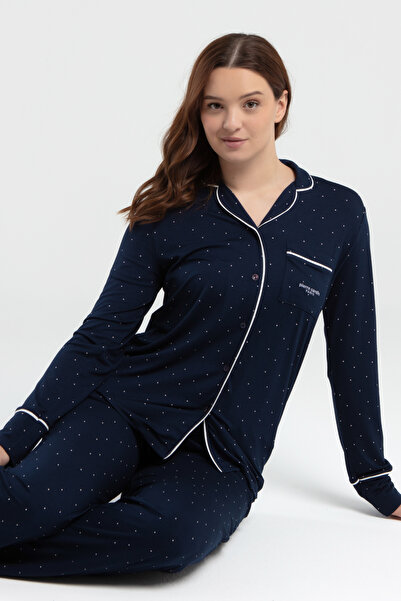 Pierre Cardin Long Sleeve Shirt Collar Pocket Detail Buttoned Viscose Pajama Set Thcl86Pc