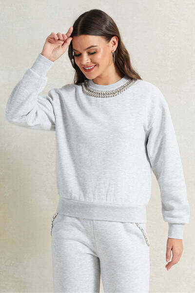 REDTAG Women Grey Embellished Neck Sweatshirt