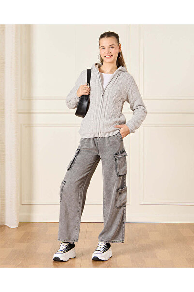 REDTAG Senior Girls Grey Hooded Cable Knit Cardigan