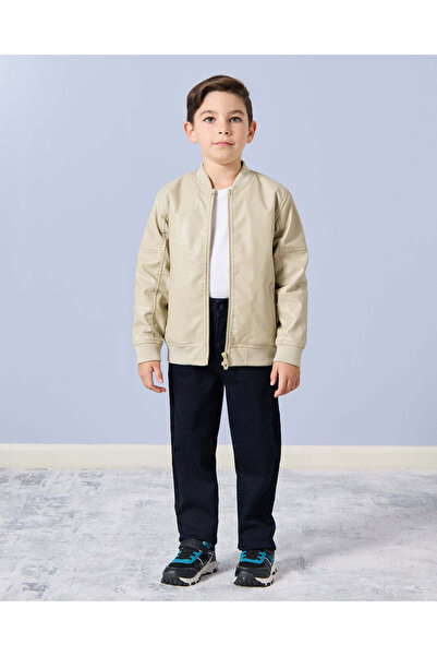 REDTAG Boys Cream Pu Bomber Fur Line Jacket
