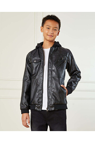 REDTAG Senior Boys Black Hooded Jacket With Sherpa Lining