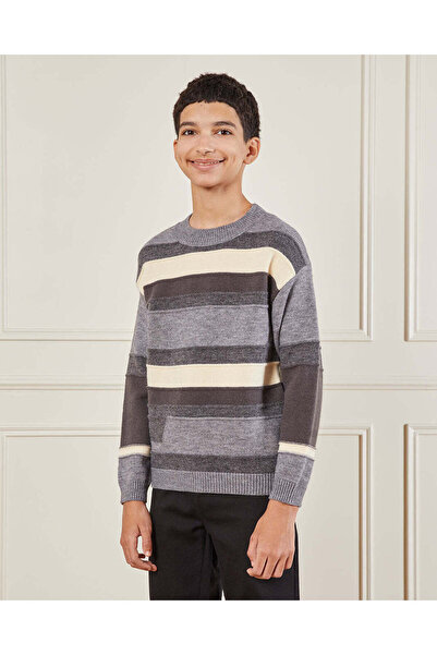 REDTAG Senior Boys Grey Striped Sweater