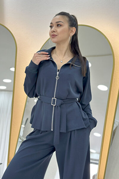 zks grup tekstil Women's Zippered Belt Detail Wide Leg Modal Two-Piece Set Black, Navy Blue, Brown, Burgundy, Gray