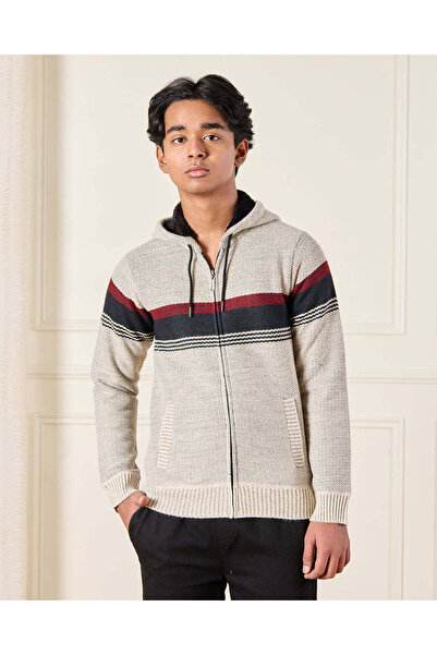 REDTAG كارديجان بغطاء رأس وسحاب من قماش الشيربا باللون البيج للأولاد الكبار