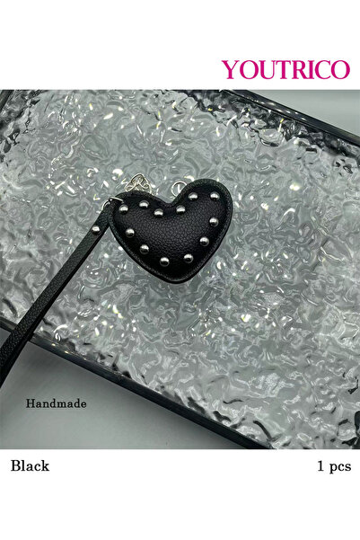 Youtrico Handmade Studded Heart Keychain, Padded PU Leather Car Charm Bag Acc...