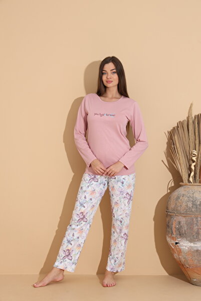 Serena Women's pale pink pajamas, "You Tight Forever" blouse and floral Printed pants - 100% cotton