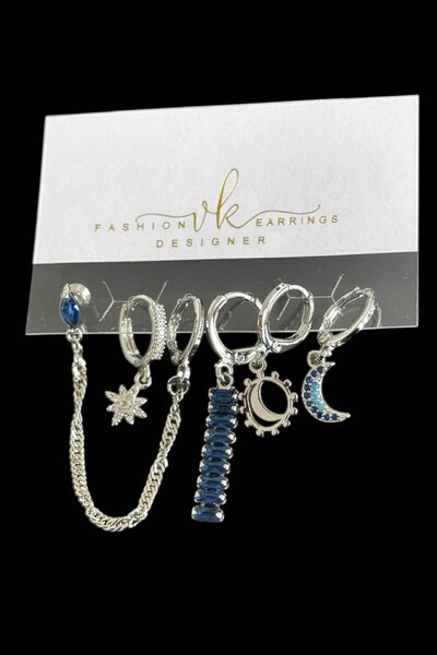 TAKIŞTIR مجموعة من 6 أقراط فضية اللون مرصعة بالأحجار