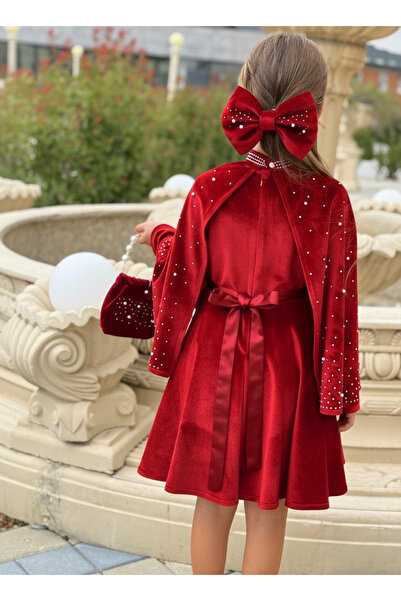 Bayona Kız Çocuk Kırmızı Kadife İnci Detaylı Abiye Elbise ve Bolero Takımı