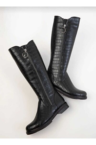 DYG STORE Black Crocodile Zippered Modern Women's Boots 145308