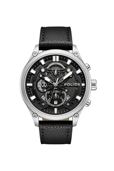Police ساعة وادن كرونوغراف للرجال مقاس 46 مم، ميناء فحمي وأسود، حزام جلدي أسود