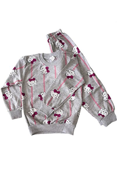 mışıl mışıl kids طقم بيجامة بناتي من القطن باللون الرمادي بنقشة القطط