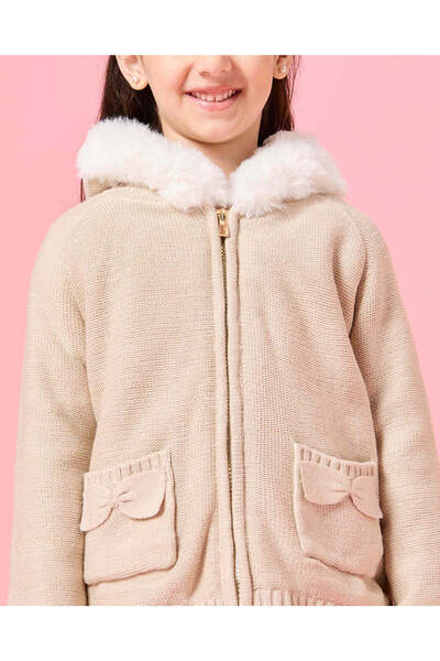 REDTAG Girls Beige Zip Thru Hooded Cardigan