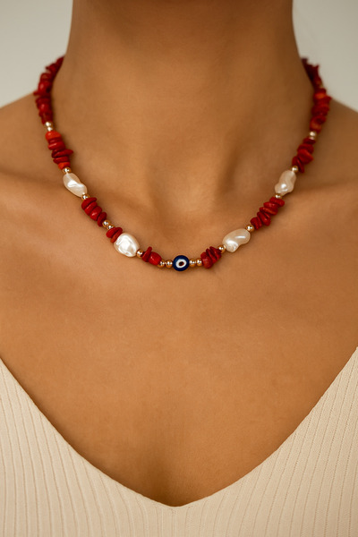 Fynbos Gerçek Doğal Taşlı İnci ve Nazar Boncuklu El Yapımı Kolye – Altın Deta...