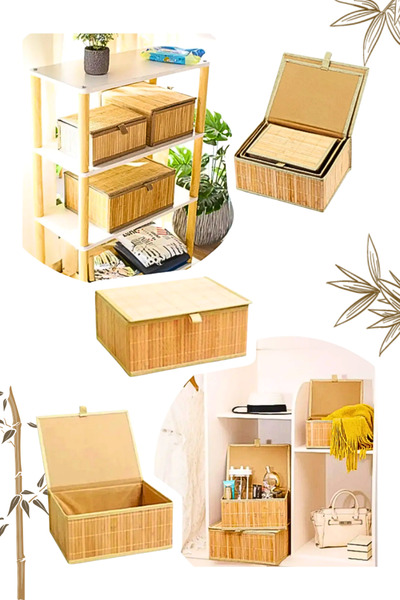 Penthouse Decorative Bamboo Storage Box with 3 Lids - Multi-Purpose Organizer Natural Bamboo Basket Set