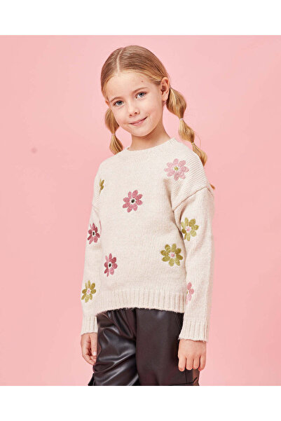 REDTAG بلوفر محبوك مزين بزهرة عاجية للبنات