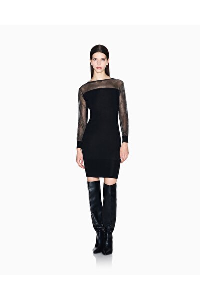 Armani Exchange Women's Tight Fit Tulle Detailed Round Neck Long Sleeve Mini Black Dress Xw001324 Af13781-Mc108