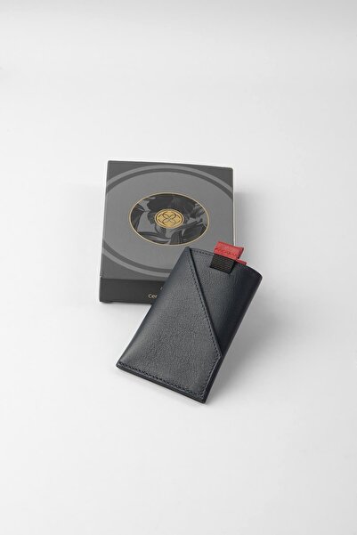 CENGİZ PAKEL Genuine Leather Minimalist Slim Card Holder - 2511 - Navy Blue/Red