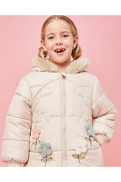 REDTAG Girls Beige Puffer Fur Hooded Jacket
