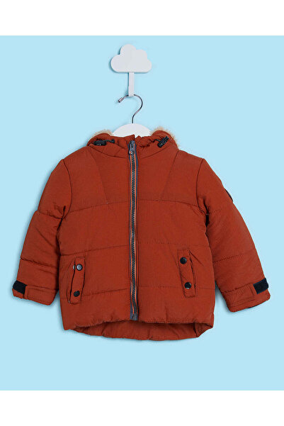 REDTAG Infant Boys Orange Hooded Jacket With Sherpa Lining