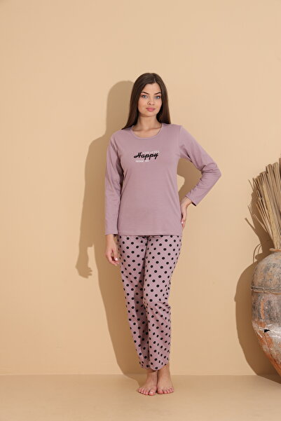 Serena Women's purple "HAPPY" pajamas with long polka dot pants – 100% cotton