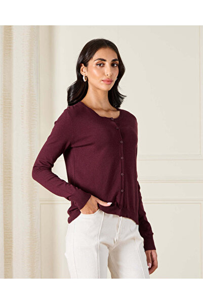 REDTAG كارديجان نسائي محبوك بأزرار أمامية باللون العنابي