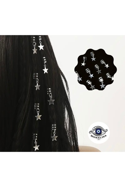 monalisatoka Kadın Gümüş Saç Halkası Saç Küpesi Yıldız Model 10 Lu Hair Charms