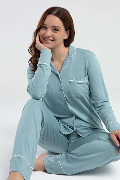 Pierre Cardin Long Sleeve Shirt Collar Pocket Detail Buttoned Viscose Pajama Set Thcl86Pc