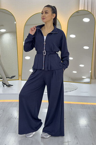 the ZKS Women's Zippered Belt Detail Wide Leg Modal Two-Piece Set Black, Navy Blue, Brown, Burgundy, Gray