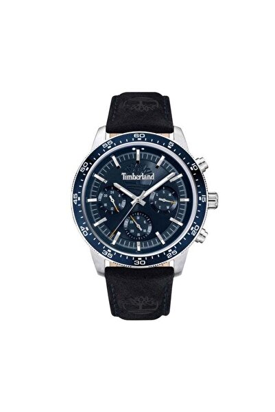 Timberland ساعة باركمان للرجال متعددة الوظائف مقاس 44 مم بمينا أزرق داكن وحزام جلدي بني