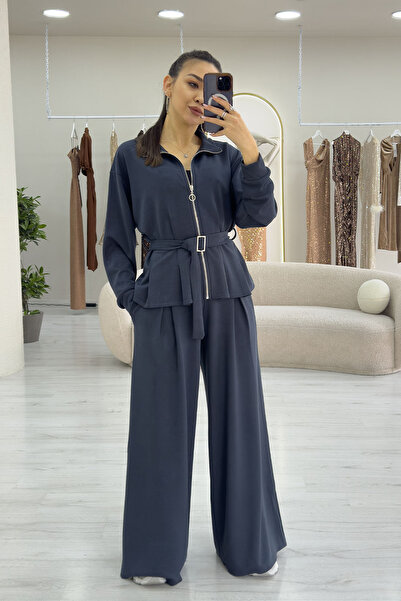 the ZKS Women's Zippered Belt Detail Wide Leg Modal Two-Piece Set Black, Navy Blue, Brown, Burgundy, Gray