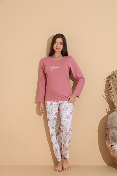 Serena Women's dusty pink pajamas, "Flowers" blouse and floral Printed pants - 100% cotton