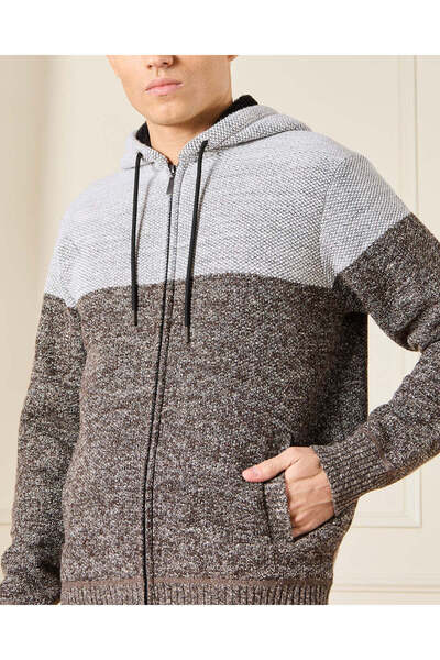 REDTAG Men Grey Knitted Hooded Pullover