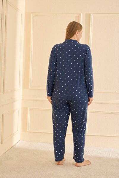 Elit Women's Plus Size Long Sleeve Front Buttoned Milan Fabric Pajama Set