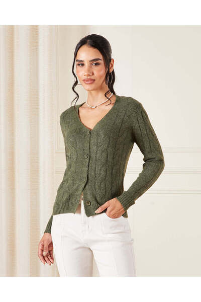 REDTAG Women Green V-Neck Cable Knit Cardigan