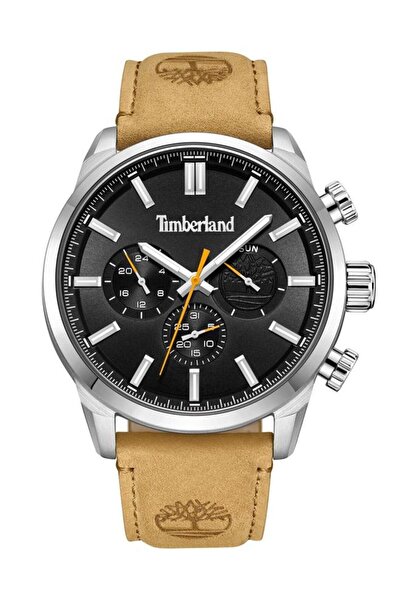 Timberland ساعة هينيكر II للرجال بهيكل من الفولاذ المقاوم للصدأ وحزام من الجلد، مقاس 46 مم