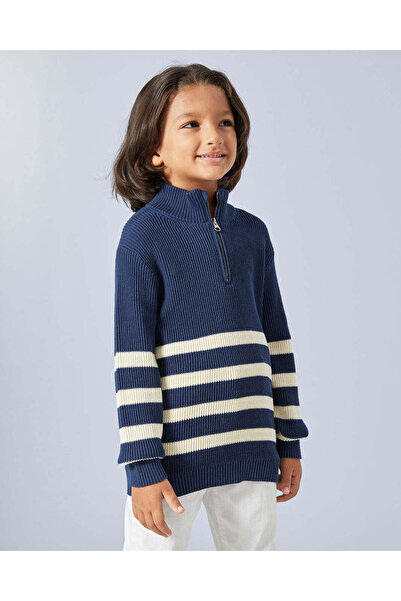 REDTAG سترة مخططة باللون الأزرق البحري مع سحاب نصف الرقبة