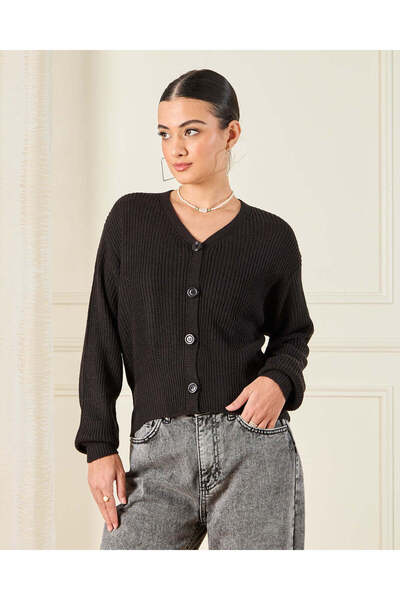 REDTAG Women Black Button Front Knit Cardigan