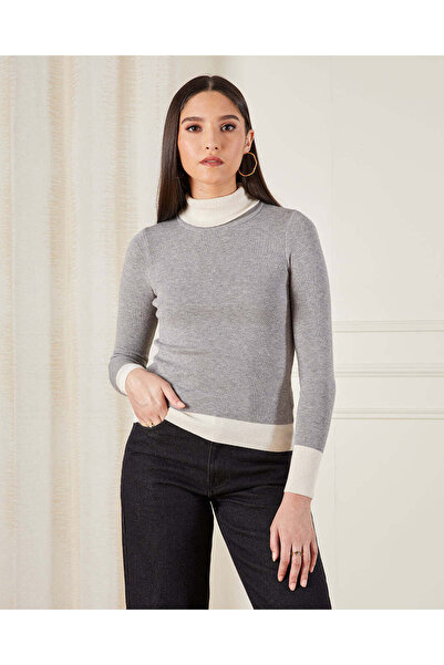 REDTAG Women Grey Turtle Neck Knitted Pullover