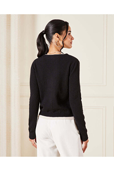 REDTAG Women Black Knitted Top With Ivory Contrast Piping Detail