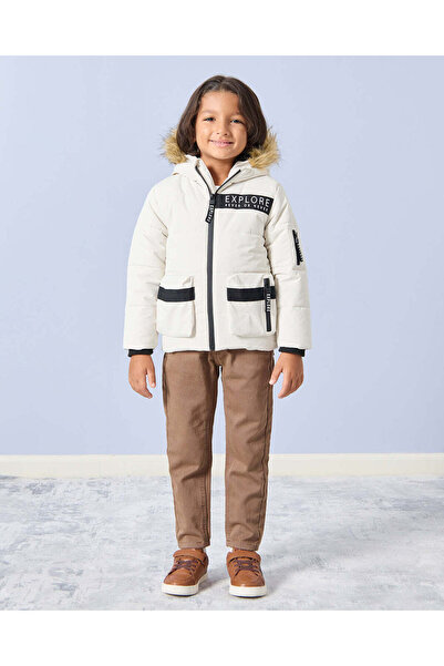 REDTAG Boys Cream Fur Lined Hooded Parka Jacket