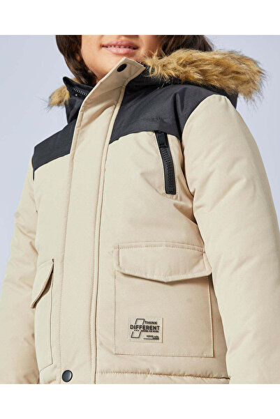 REDTAG Boys Beige Color Block Hooded Parka Jacket
