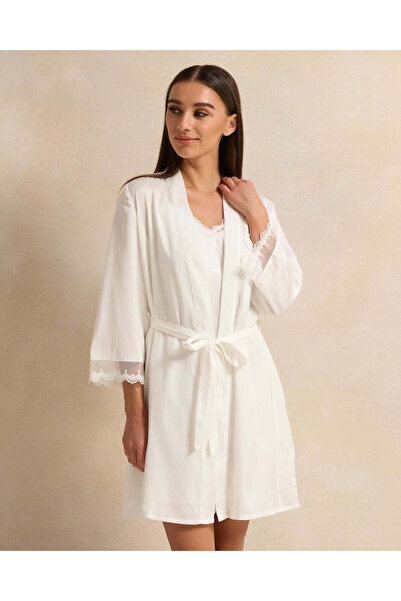 REDTAG Women White Lace Embellished Robe