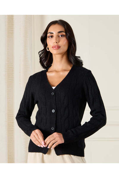 REDTAG Women Black V-Neck Cable Knitted Cardigan
